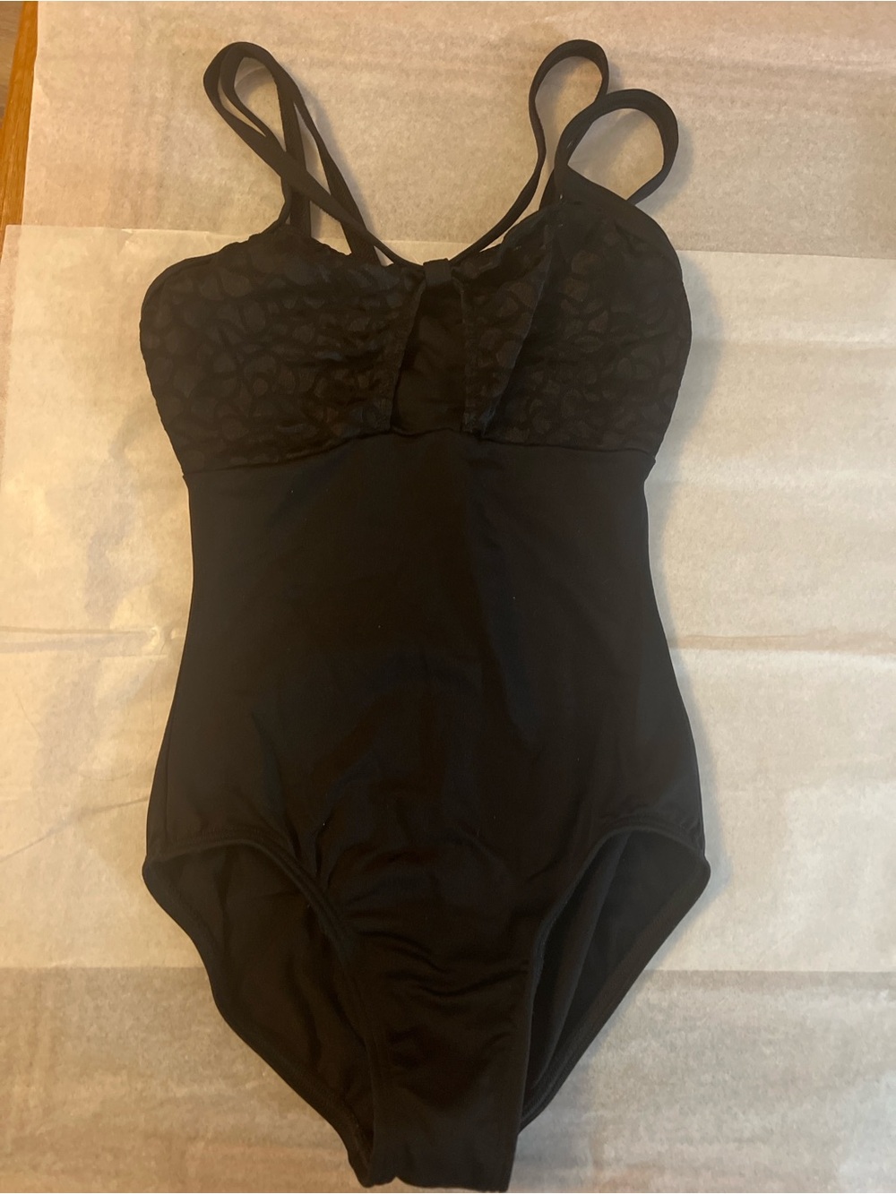 Motionwear Black Camisole Dance Leotard Adult Small Lace Mesh Crisscross Back